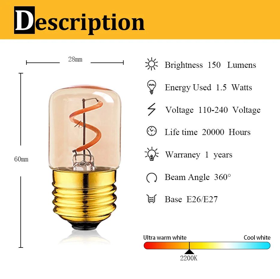 Retro T28 Mini Tube Night Light Lamp 1.5W LED Spiral Filament Bulb 2200K Super Warm Chandelier Tubular Outdoor String Light Bulb