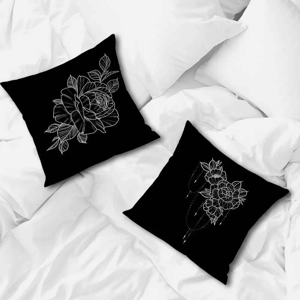 Black Simple Flower Art cushion cover Accessories Square Cushion Room Bedroom Headboard Sofa Living Backrest Car Nap Time