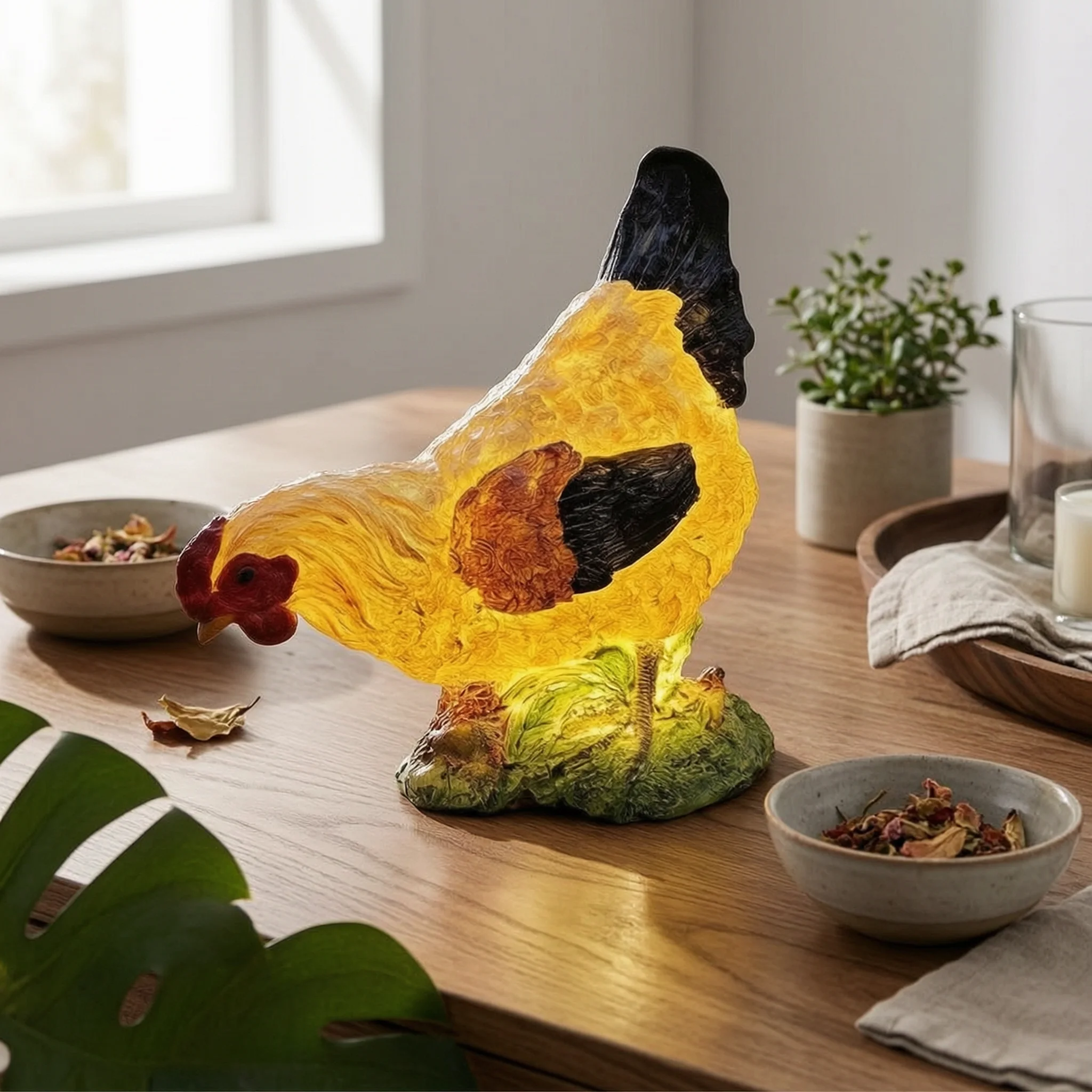 Solar Chicken Statue Hand Painted Male Chicken Garden Ornament Chicken Figurine Glowing Base Male Chicken and Hen Set Farmhouse