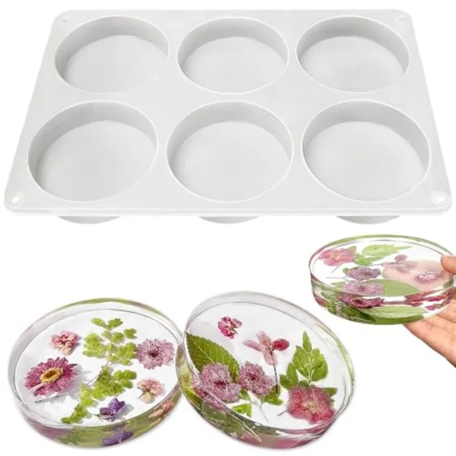 6-Cavity Deep Round Coaster Molds, 4 Inches Coaster Silicone Molds for Epoxy Resin, Coaster Resin Molds for Flower Bouquet Pres