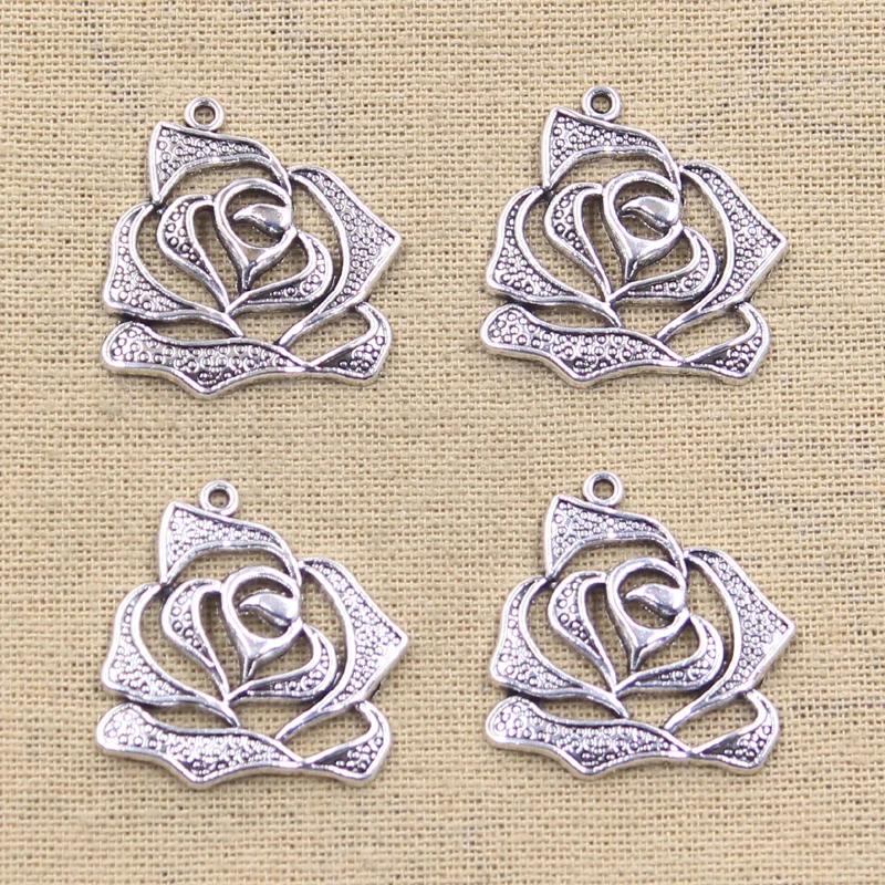 8pcs Charms Rose Flower 26x28mm Antique Silver Color Plated Pendants Making DIY Handmade Tibetan Silver Color Finding Jewelry