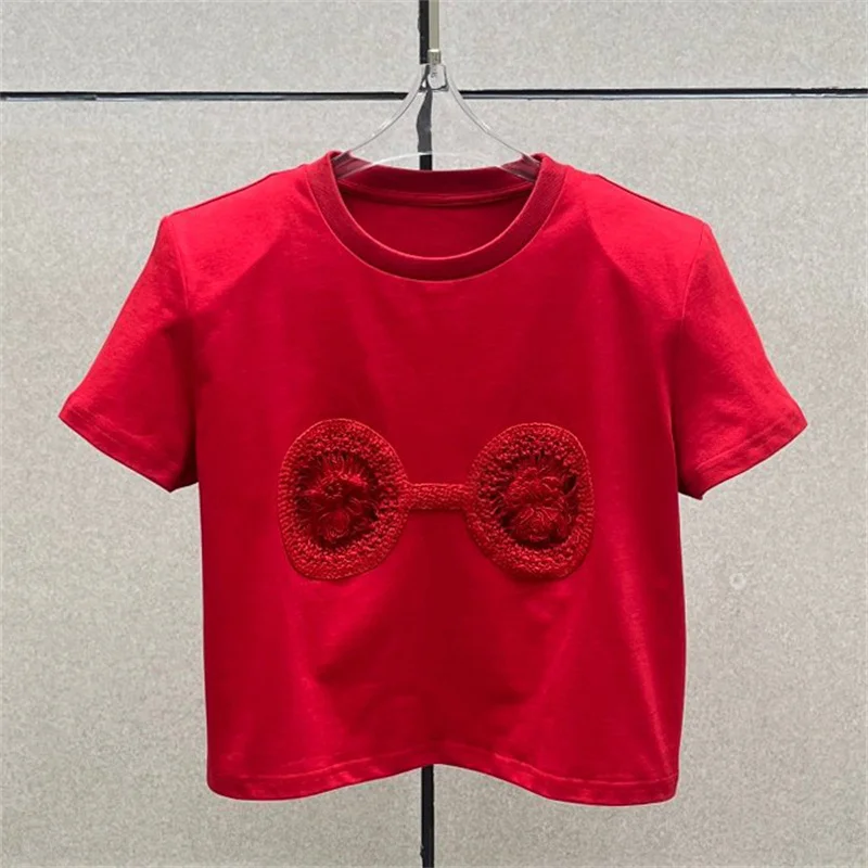 Camiseta para mujer, nueva camiseta de manga corta ajustada de punto elástico para verano 2025, jersey de algodón puro ahuecado bordado y2k