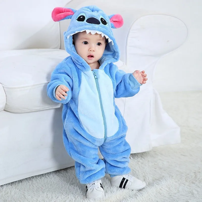 Disney Stitch Baby Jumpsuit Kids Cosplay Winter Flannel One-Pieces Hooded Jumpers Cartoon Cute Lounge Clothes Pyjamas