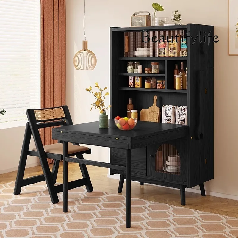 Foldable dining table integrated dining side cabinet solid wood retractable household small apartment robot multi-functional