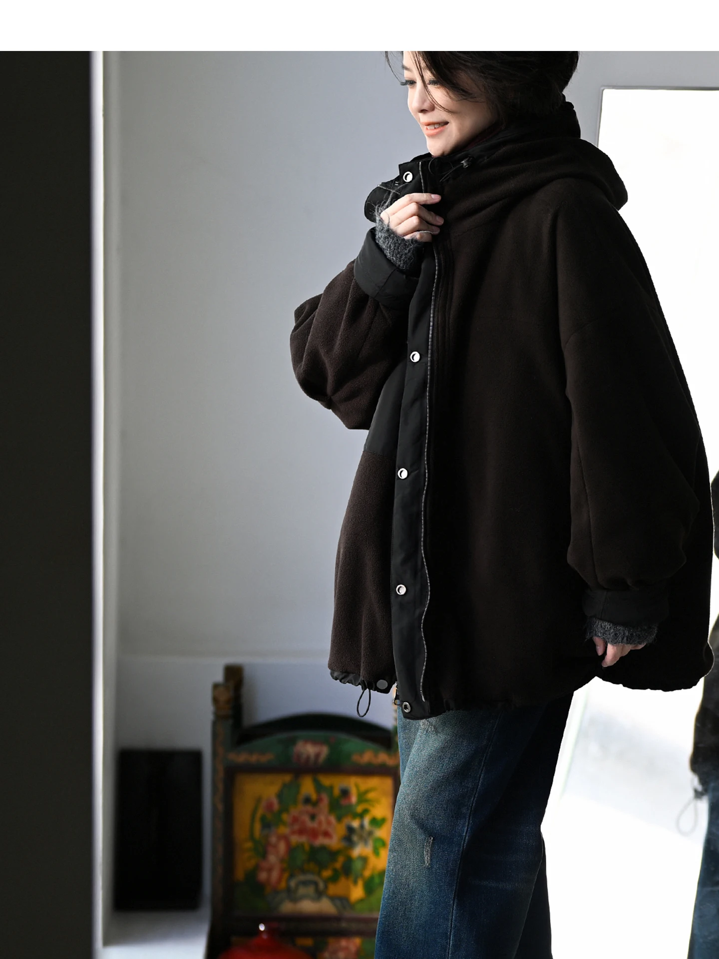 

Women's Double-Sided Wear Fce-Lined Waist-Cinching Hooded Jaet Casual Artistic Sle with Dstring Bot And kets