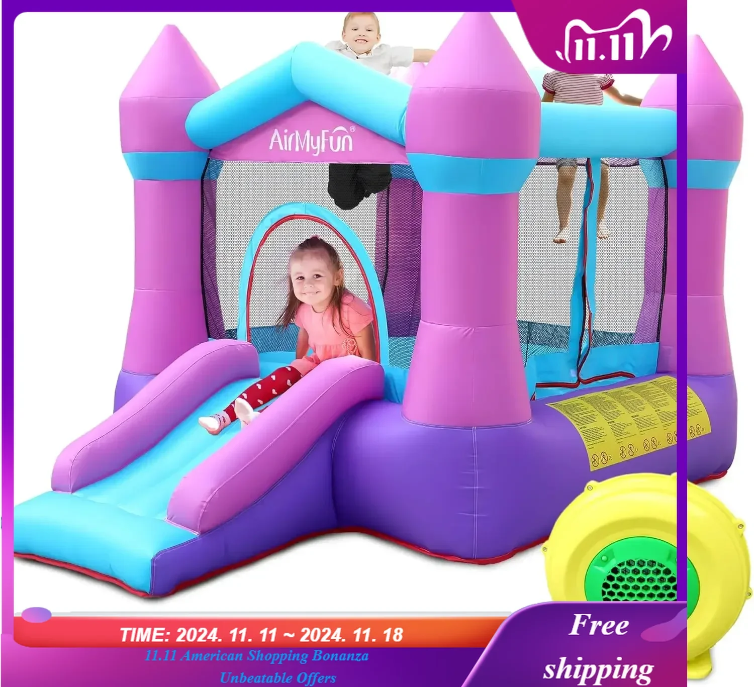 Toddler Bounce House with Blower for Kids 3-8, Inflatable Bouncy Jumping Castle with Slide, Indoor/Outdoor Pink Bouncer House,