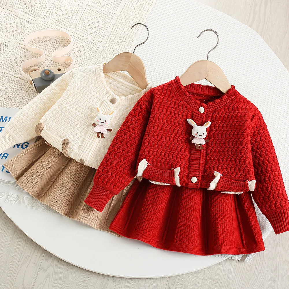 

Girls Dress Cothing Sets Spring Autumn Children Woolen Jersey Sweaters Coats Skirts Kids Princess Suit For Baby Knitted Outfits