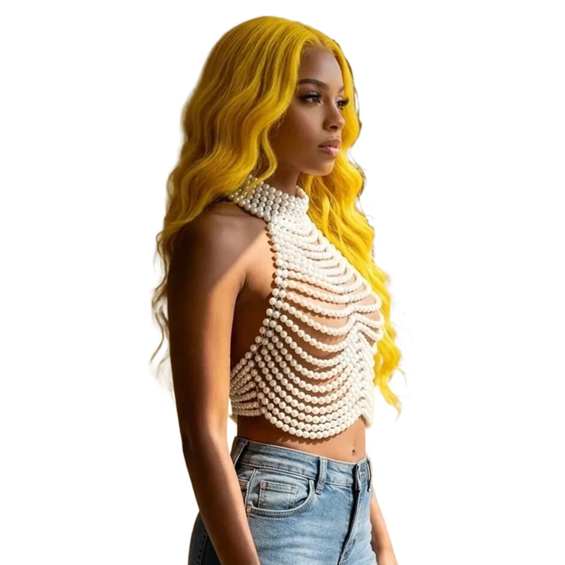 Handgefertigtes Perlen-Halter-Top für Damen - Rückenfreies Perlen-Crop-Top für Party, Hochzeit, Abendveranstaltungen, Festivals, Strand und Streetwear – Detail 2
