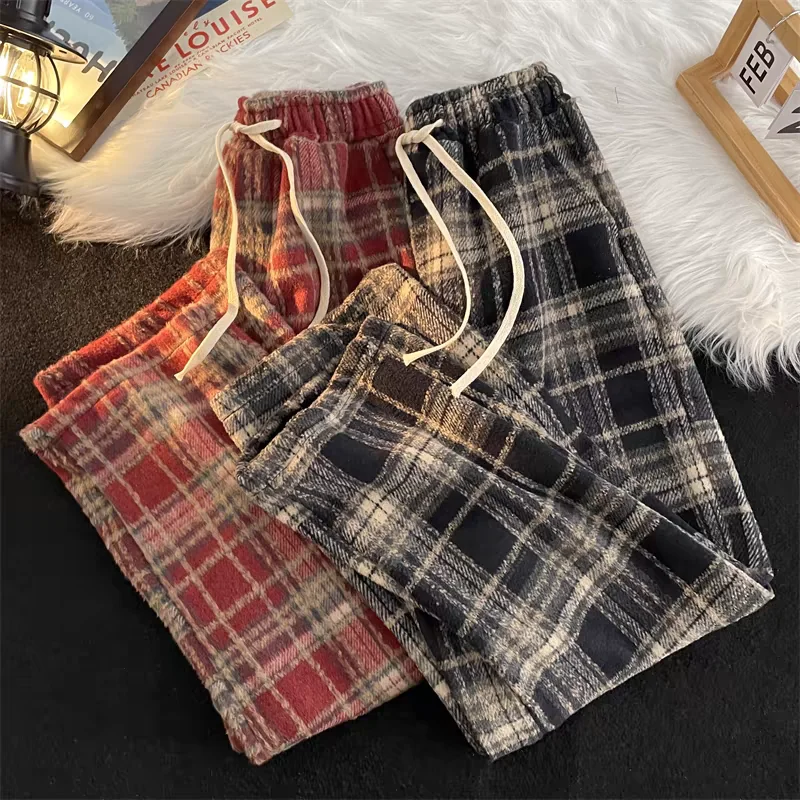 Karierte Damenhose, drapierter gerader Beinschnitt, lässig und geeignet für zierliche Figuren, Retro-Wollhose mit weitem Bein