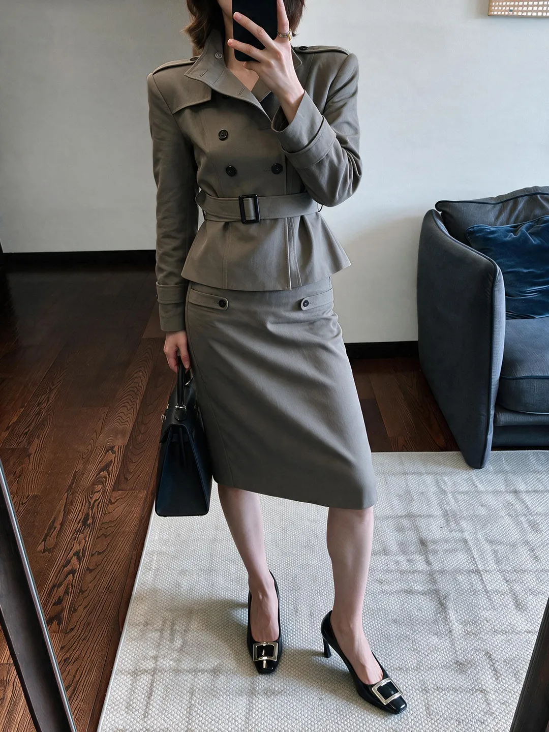 Fashionable Belted Women's Set High Intelligence Old Money Style Slim Fit Jacket Skirt Two Piece Set Korean Style Casual Wear
