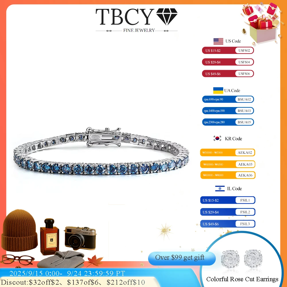 

TBCYD 3/4/5/6.5mm Sapphire Blue Moissanite Tennis Bracelet S925 Sterling Silver For Men Women GRA Certified Hip Hop Jewelry