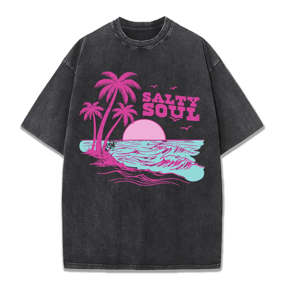 

Salty Soul Beach Printing Washed T-Shirts Womens Cotton T Shirts Comfortable Distressed O-Neck Streetwear Summer Womans Clothes