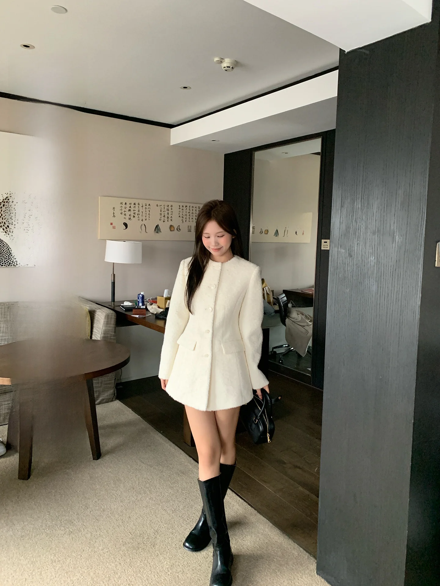 

YOKLASS Women's Woolen Cheered Coat round Ne A-Line Korean Sle Autumn Winter Faion Slim Fit Long Sve Coat