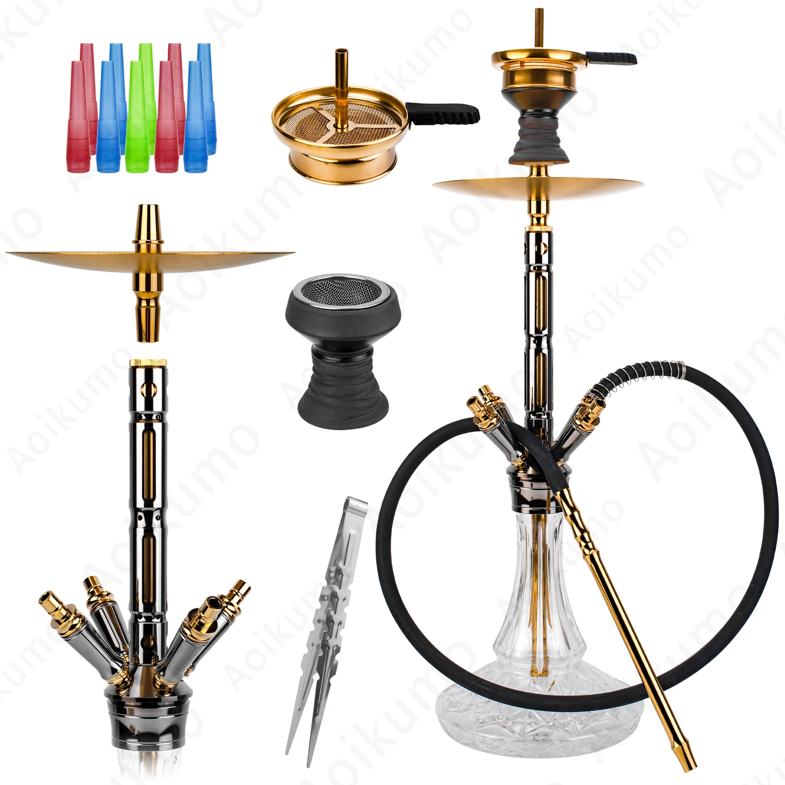 Large Hookah Set with Everything - 4 Hookah Hose  Silicone Bowl Coal Holder Tongs Spring Diffuser Tray Aluminum Stem