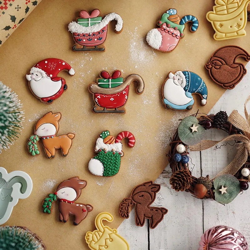 Christmas Cup Cookies Cutters Embossing Cute Santa Claus Snowman Elk Shape  Fondant Biscuit Stamps Mold Cake Decoration Tools