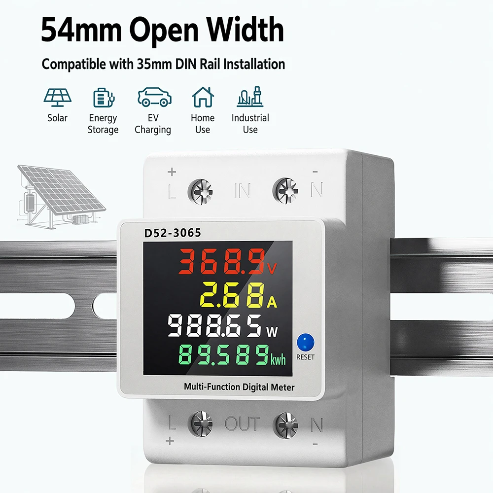 Compteur d'énergie DC sur rail DIN DC14-600V 63A 4-en-1 Monophasé Multifonctionnel avec Affichage LCD pour Surveillance de Tension, Courant, Puissance et Énergie