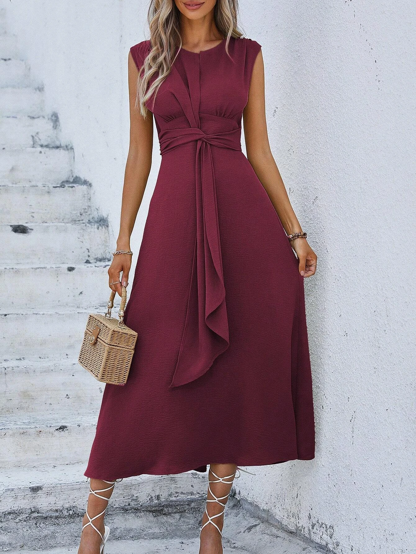 Women\'s  Summer Casual Plain Green Long Dresses Solid Sleeveless Casual Dresses Women\'s Clothing Fashion Vestidos Largos