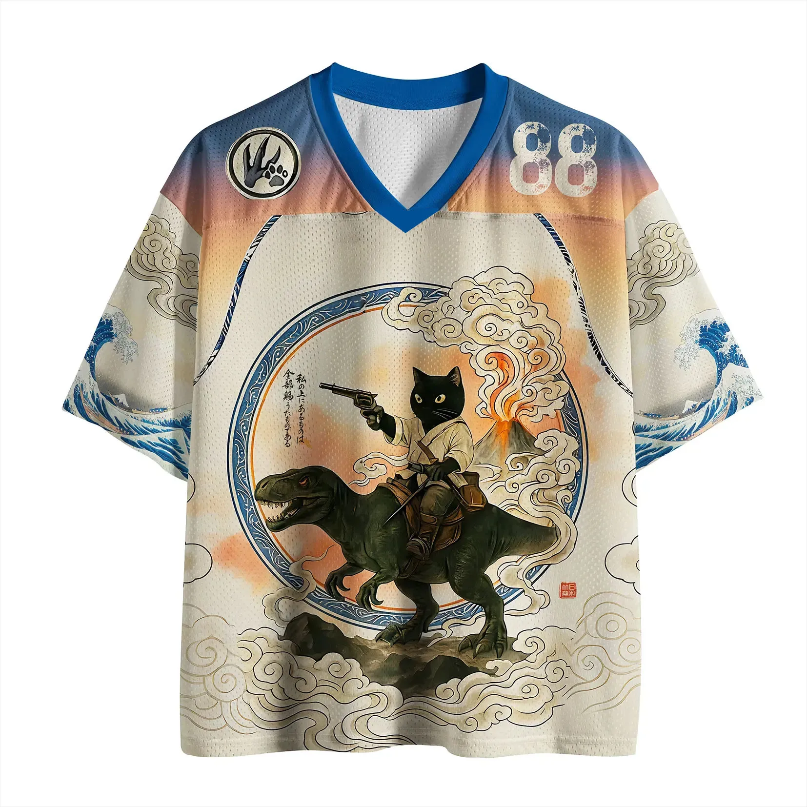 2026 Summer Fashion New Japanese Samurai Cat 3D Quick Drying Hip-hop Outdoor Sports Street Garden V-neck Loose T-shirt