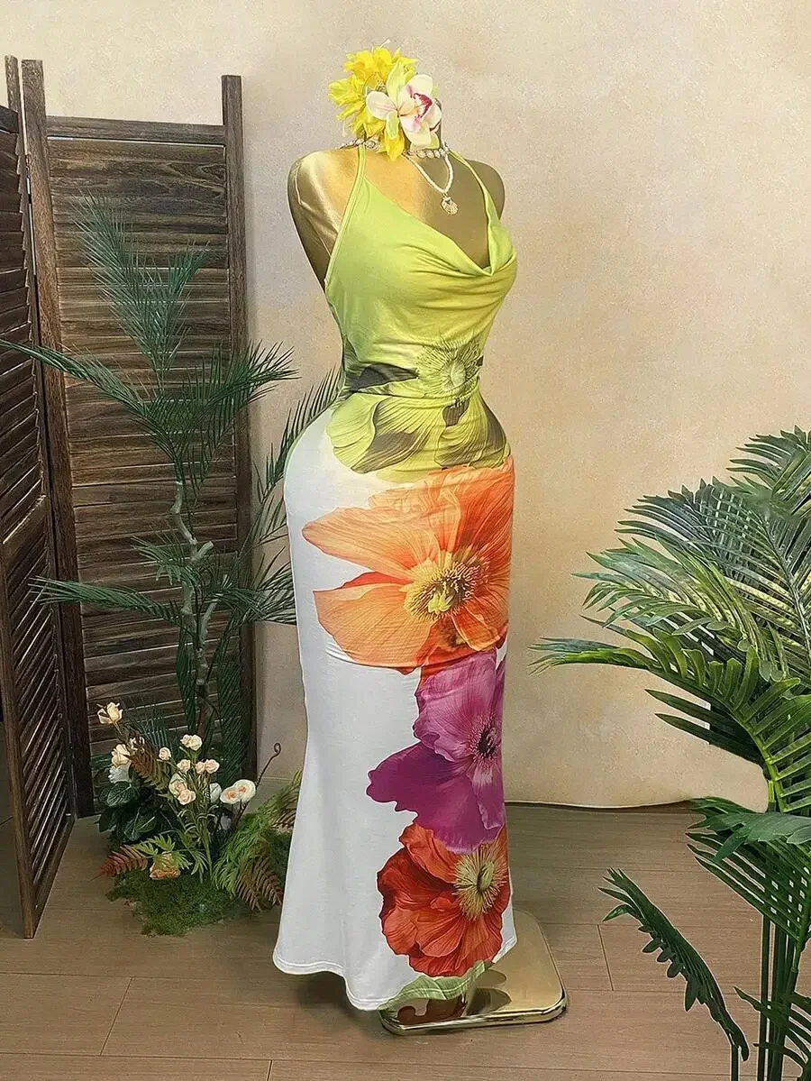 

Womens Deep V Floral Print Fitted Backless Spaghetti Strap Maxi Dress Summer Beach Vacation Party