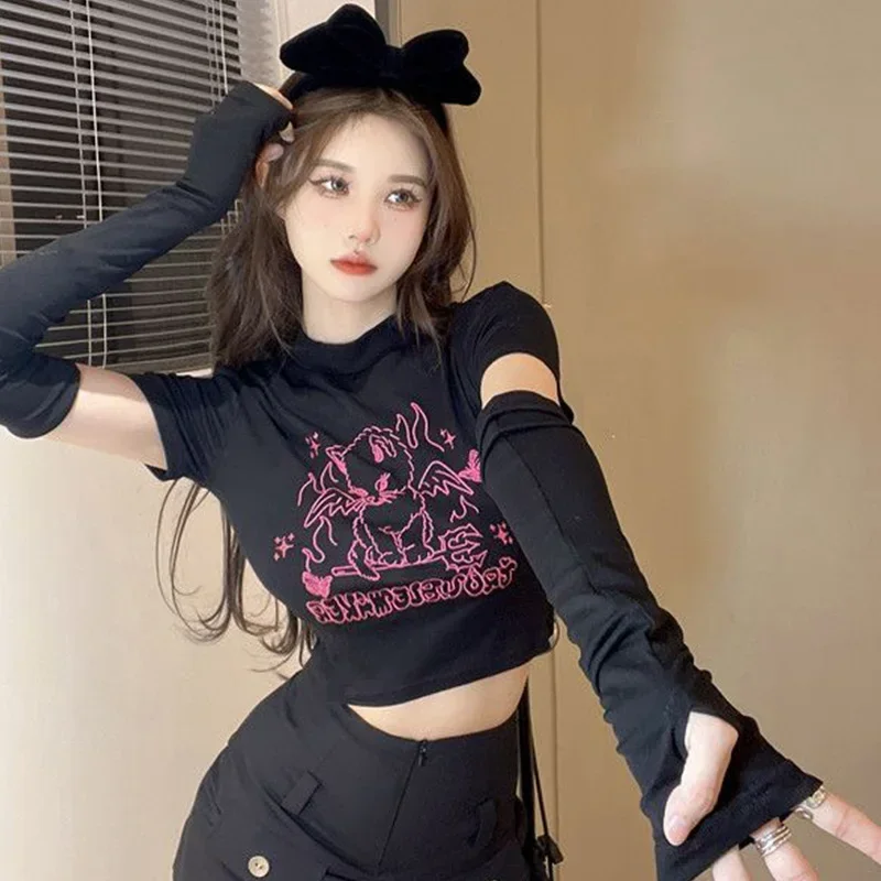 Camisetas con cuello redondo y letras estampadas a la moda coreana para mujer, camiseta ajustada a la moda, camiseta elástica Sexy de tendencia para mujer