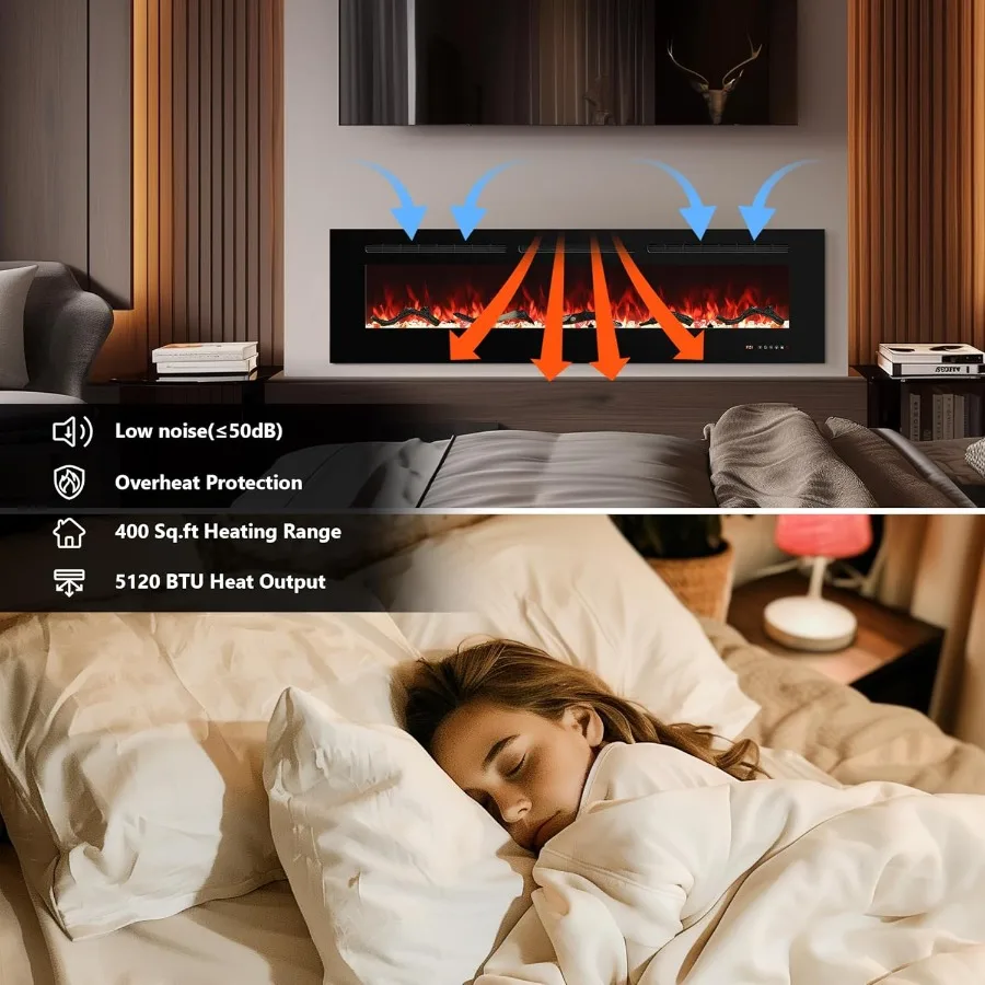 Inserti per caminetto elettrico da incasso e da parete da 60 pollici con telecomando e controllo touch screen per soggiorni moderni e essere