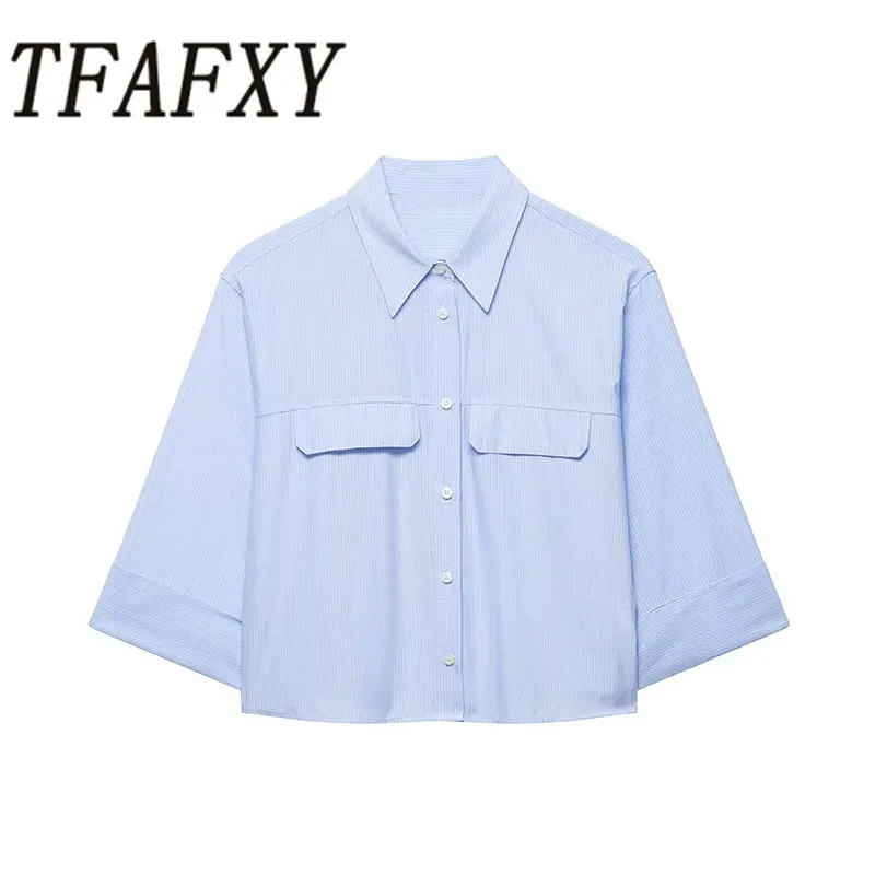 

TFAFXY 2026 Весенняя тонкая женская свободная рубашка в полоску с отложным воротником, повседневный топ на одной пуговице, короткая блузка в стиле Y2K