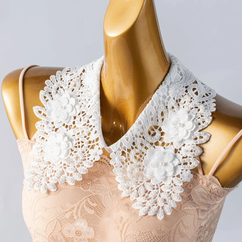 Hollow Out Lapel Detachable Fake Collar Pearl Flower Embroidery Shawl Wrap Decorative Collar Sweater Shirt Dress Accessories