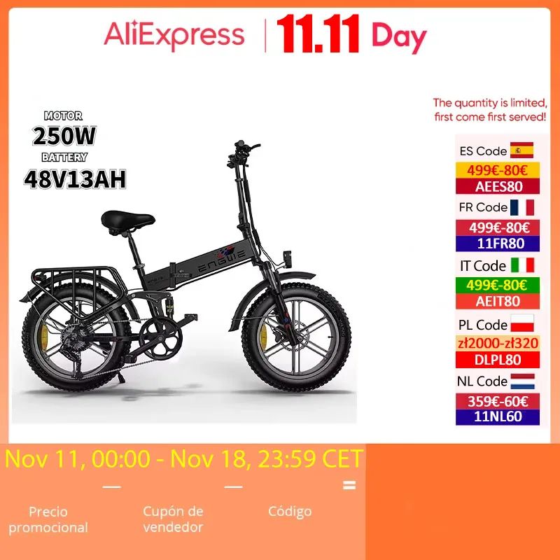 E Bike ENGWE 250W Motor 48V13AH Lithium Battery Folding Electric Bicycle 20inch Fat Tire 7-speed Off-road Mountain Electric Bike