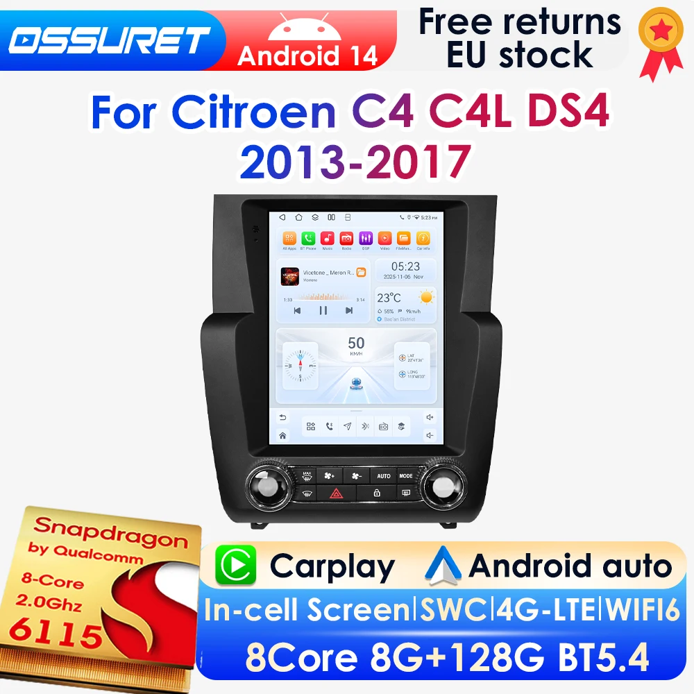 2 DIN 9,7 Zoll Vertikaler Bildschirm Android 14 Autoradio für Citroen C4 C4L DS4 2013 - 2017 Auto-Multimedia-GPS-Player Kabelloses Carplay Android Auto 4G DSP BT Mirror Link SWC 360-Grad-Kamera 2Din