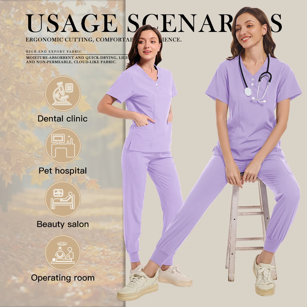 New Scrubs Set Medical Uniforms Stretch Scrub Tops with Pocket Pants Nurse Uniform Doctor Surgery Overalls Beauty Salon Workwear