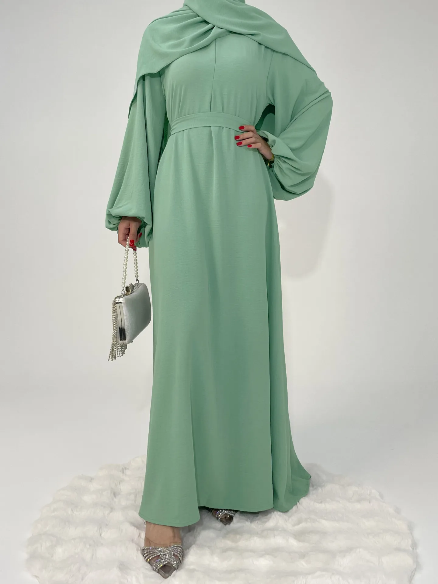 

New 2025 Women Loose Belt Single Color Muslim Dress Scarf Middle Eastern Style Ankle-length Full Sleeve Kaftan Turkey Arab Robe