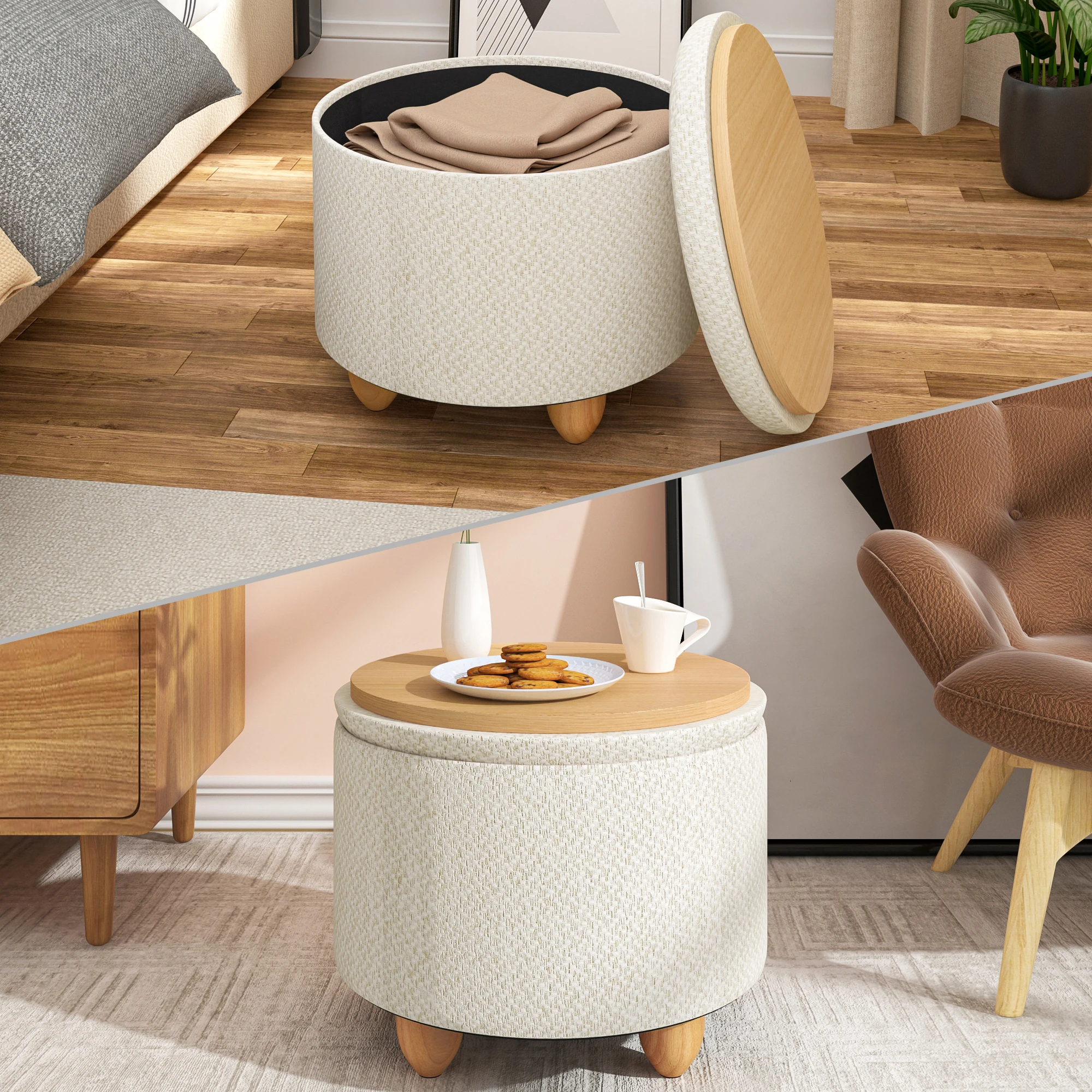 WOLTU faltbarer Ottoman-Aufbewahrungshocker, gepolsterter Hocker mit Deckel, Kiefernholzbeine, platzsparend für Schlafzimmer, Wohnzimmer, Heimdekoration – Detail 7