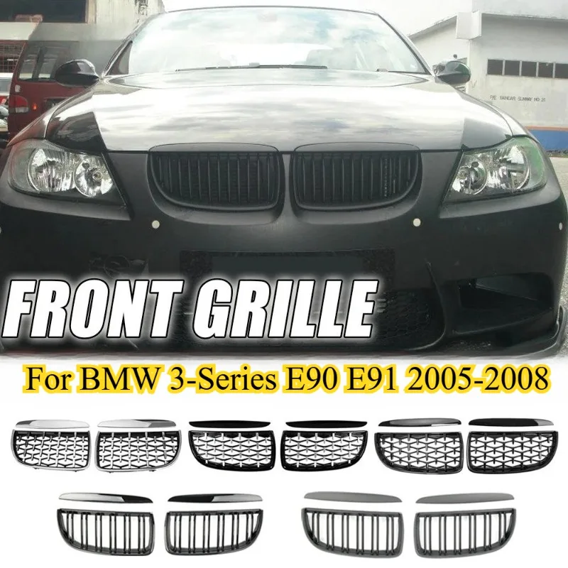 

NONGSHI Matte Black Double Line Style Upper Grilles for BMW 3-Series E90 E91 2005-2008 Diamonds Style Double Slat Racing Grilles
