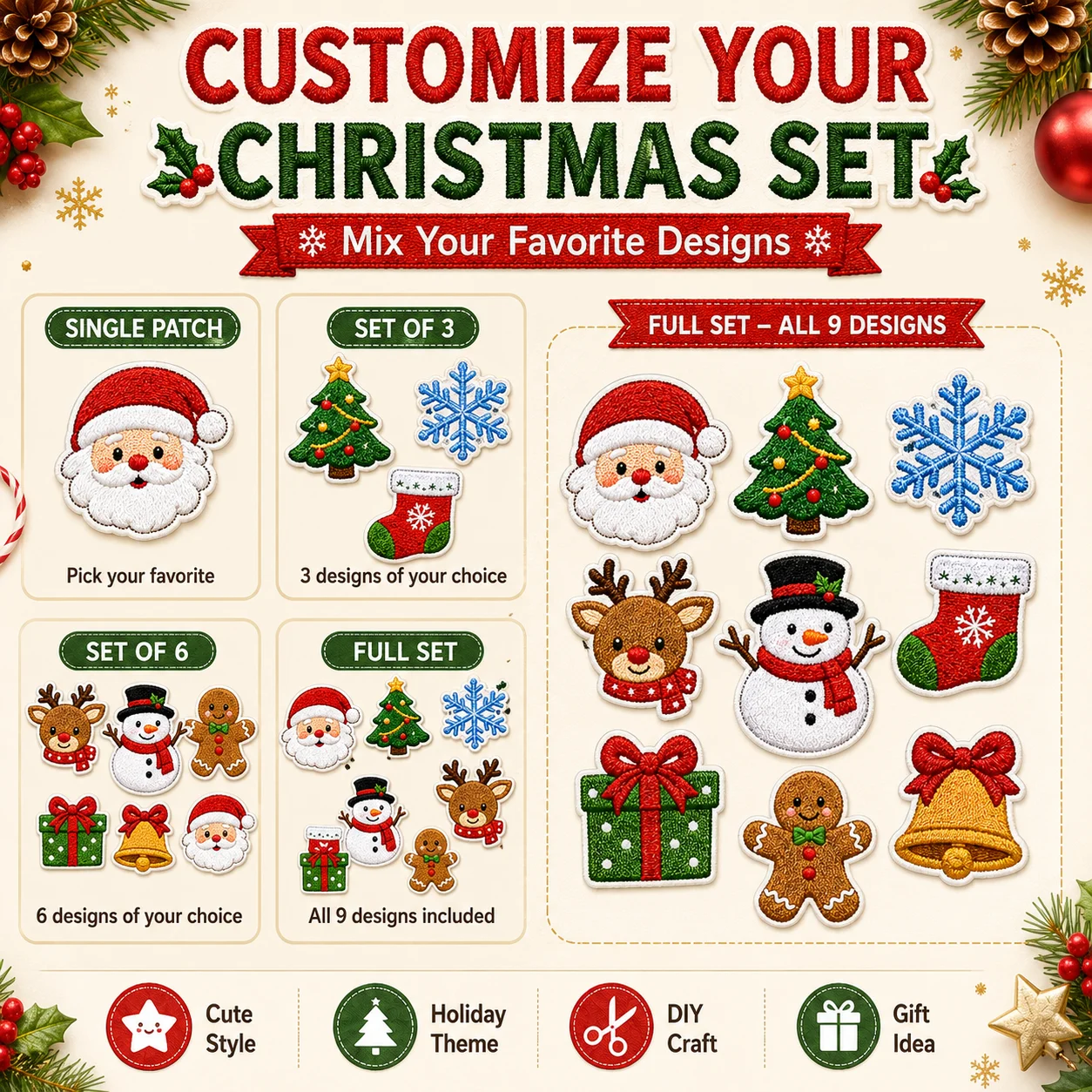 Custom Christmas Embroidered Patches Santa Snowman Reindeer Tree Iron On Sew On for Jackets Bags Hats Holiday Gifts DIY Decor