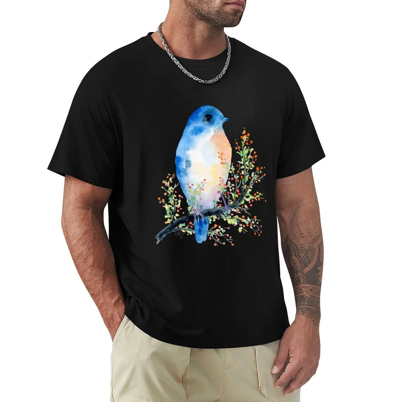 Watercolor Blue Bird on Berry Branch T-Shirt new edition graphic shirts cheap stuff vintage t shirts mens t shirts top quality