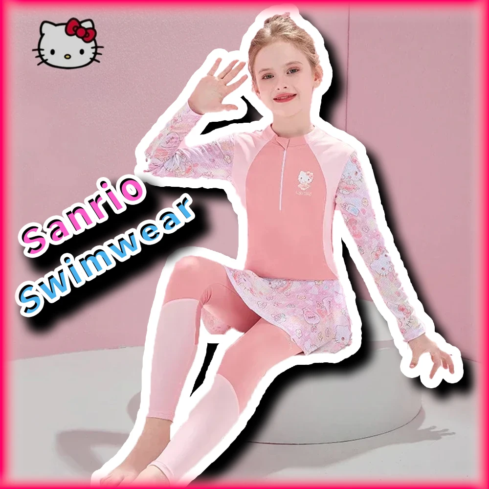 Kawaii 2024 New Hello Kitty Kids Swimsuit Pants Sanrio Anime Fashion Girl Long Sleeve Bathing Suit Swimwear Two-piece Set