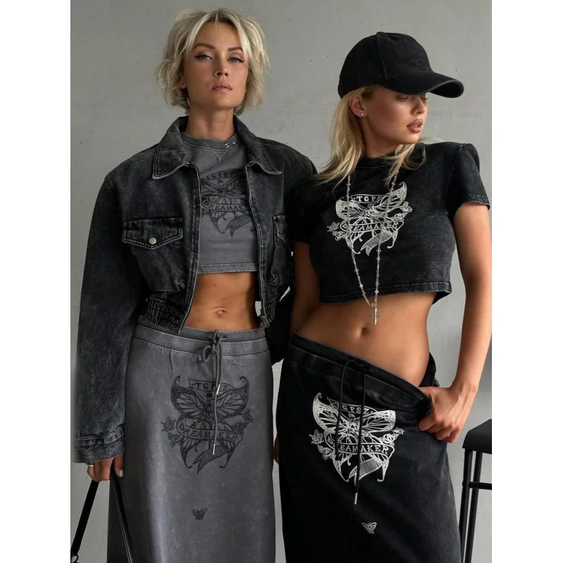 Distressed Midriff-Blote Korte Mouwshirt Dames Sexy Hoge Taille Rok Split Retro Hot Girl Pak Zomer Twee Stuksy 2K