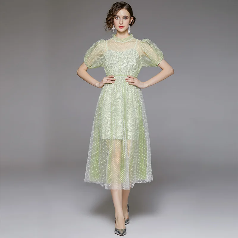 2024 New Summer French Light Green Puff Sleeve See Through Look Dot Mesh Dresses + Spaghetti Strap One-Piece Dress Two Piece Set