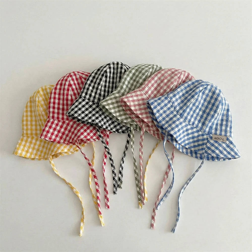 Autumn Spring Baby Fisherman Hats Plaid Kids Boys Girls Cotton Sun Hat Children Bucket Caps 3-18 Months