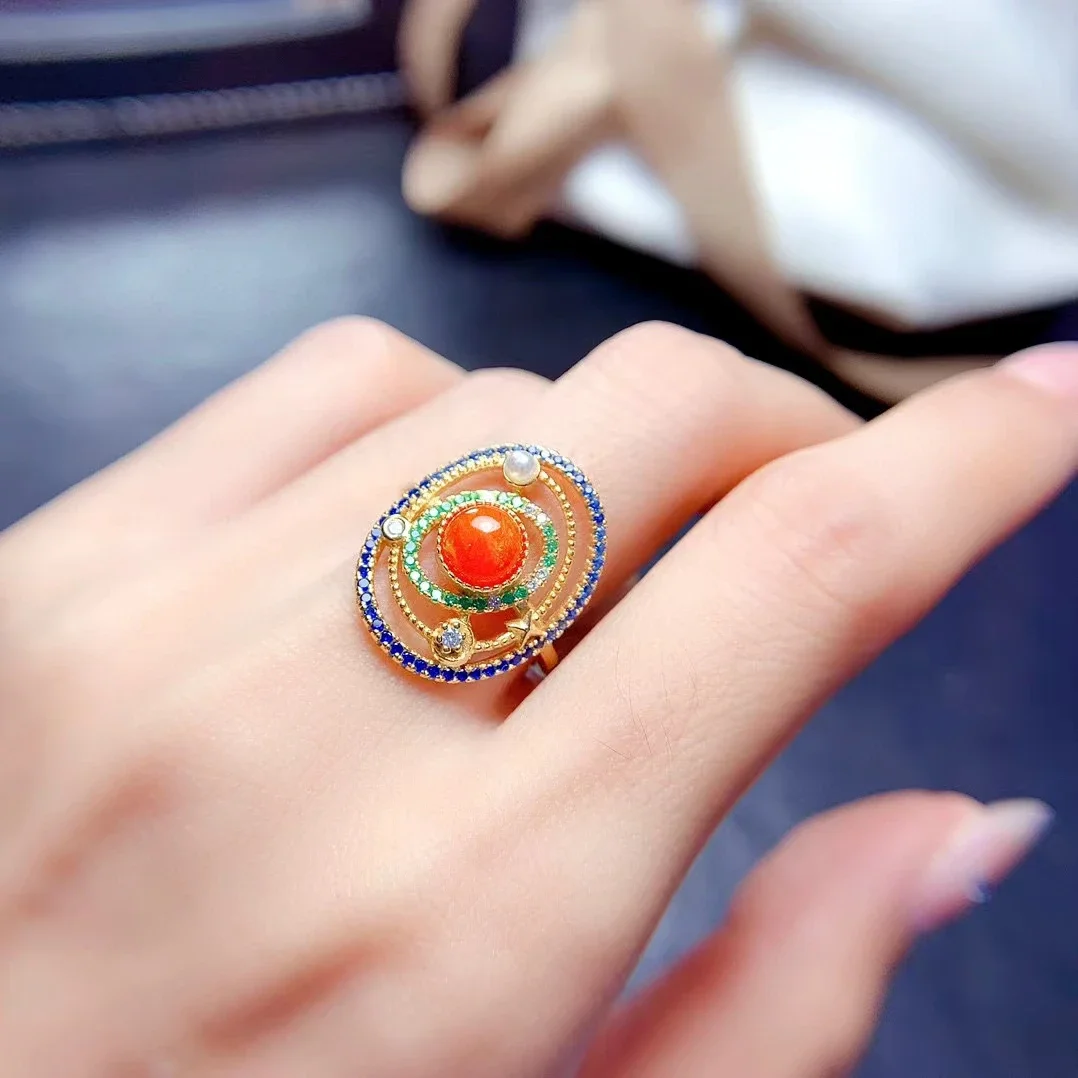 

Design Style 925 Silver Fire Opal Ring for Party 6mm 0.5ct Dyed Natural Opal Ring with 3 Layers 18K Gild Plating