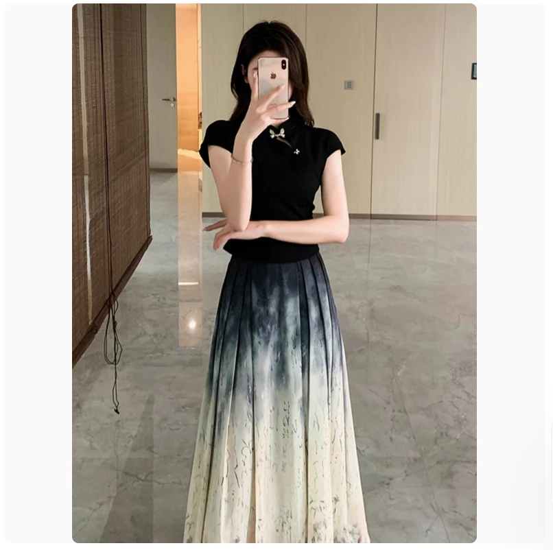 Novo estilo chinês retro moda temperamento, idade reduzindo botão borboleta manga curta pintura a tinta vestido de rosto de cavalo plissado