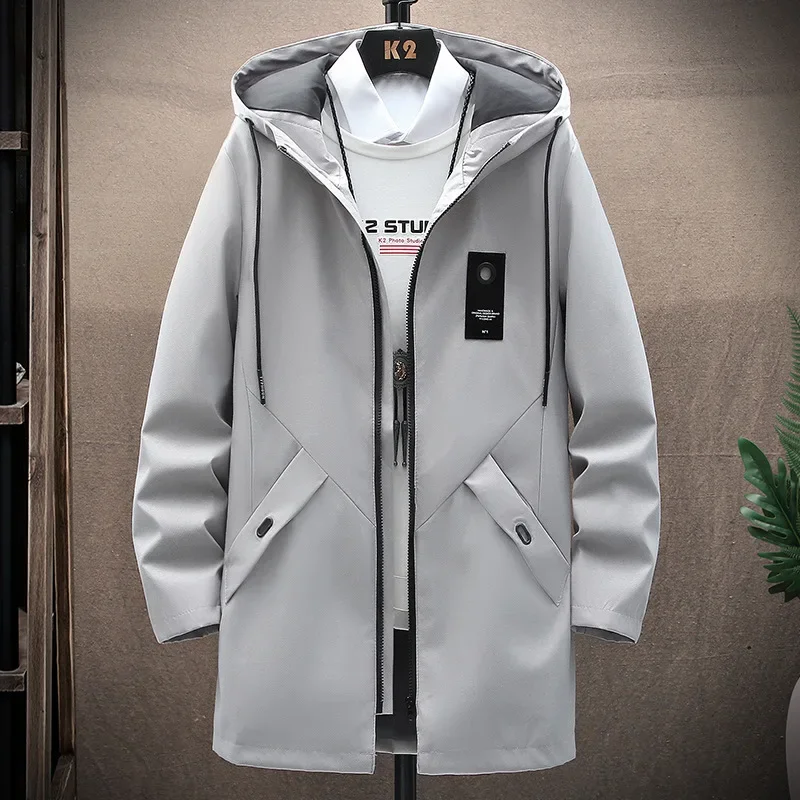 2023 Autumn New Men's Hooded Jacket Solid Color Zip-up Medium-length Casual Trench Coat Windbreaker Stock Available