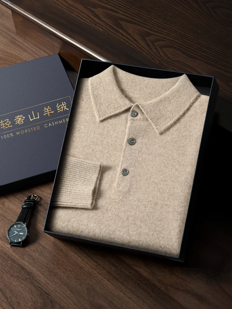M.Chic Polo Collar Men's Smart Casual Pullover 100% Cashmere Knitted Sweater High Quality Autumn Winter Fashion Soft Comfort Top
