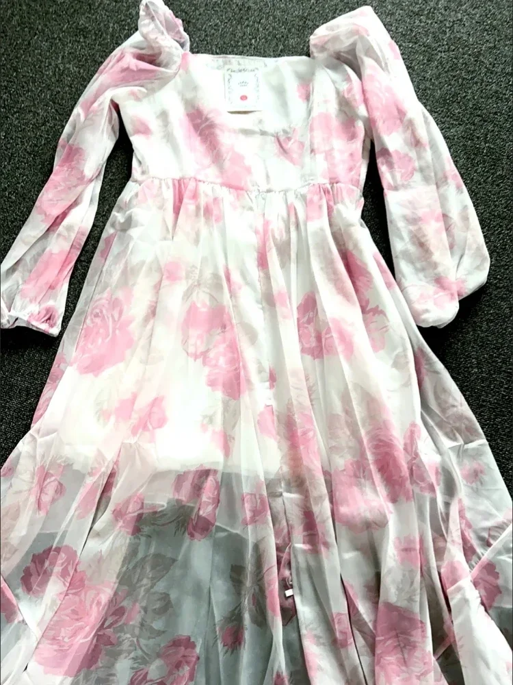 

Midi Dress Female Floral Print Outfits Beach Style Summer France Vintage Evening Party Dress Women Irregular Elegant Princess