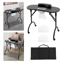 Portable & Foldable Manicure Table Nail Desk Workstation with Suction/Client Wrist Pad/Controllable Wheels for Spa Beauty Salon