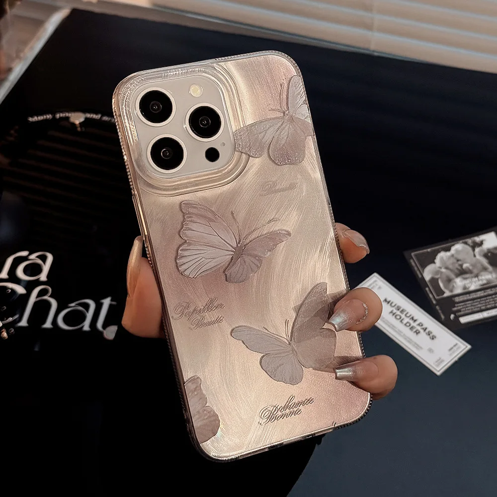 Luxury Butterfly Phone Case For iPhone 13 Covers iPhone 11 15 14 Pro Max Plus 12 13promax Soft Silicone IMD Feather Yarn Fundas