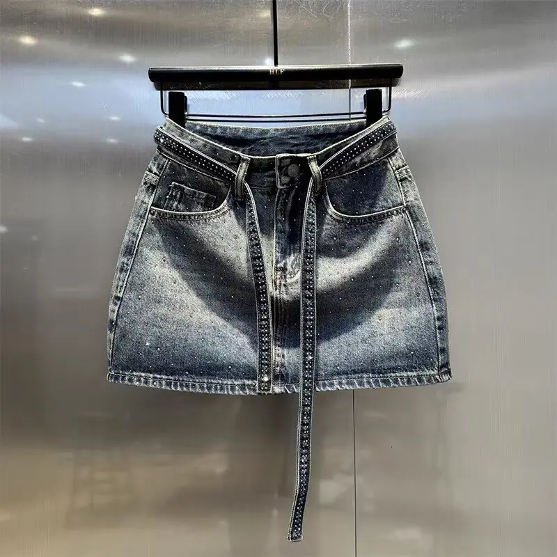 

Oversize Retro Diamond Denim Mini Skirt for Women Summer High Waist Shiny Rivet Slim Skirts Gradient Black Grey Jean Skirts
