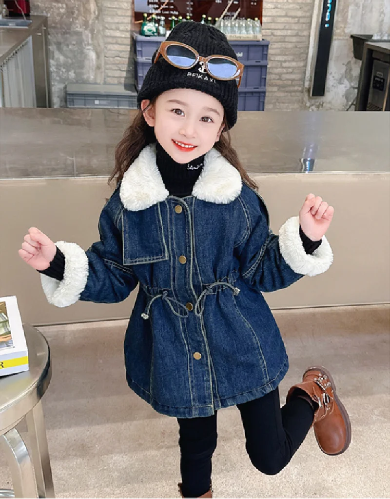 Winter Girls Padded Denim Coats Children Thicken Plush Cowboys Jackets Kids Cotton Clothing Fashion Parka Outerwear 2-8 Years