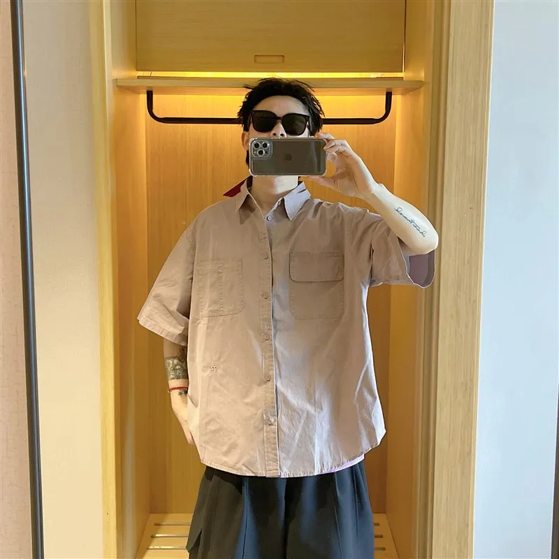 

Однотонная свободная мужская рубашка с коротким рукавом, универсальная повседневная рабочая одежда в японском стиле, летняя новинка от Fan Zhi Xian