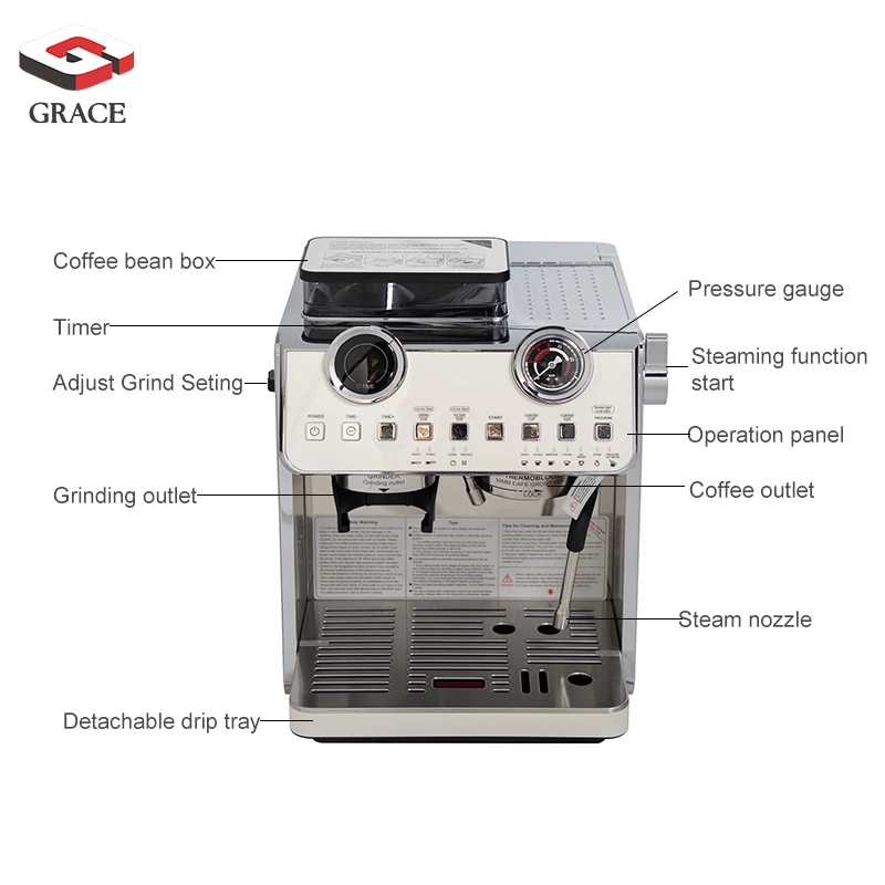 

Espresso Coffee Machine Semi Automatic With Milk Frother GRACE Stainless Steel Maker For Home And Commercial Use